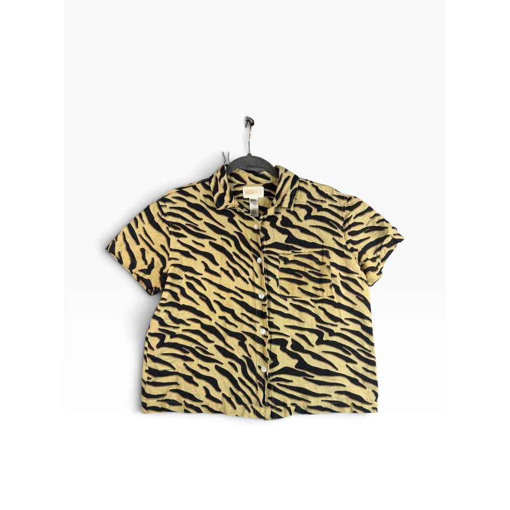Beach Riot Zebra Print Linen Blend Short Sleeve Button Down Shirt Tan Black S